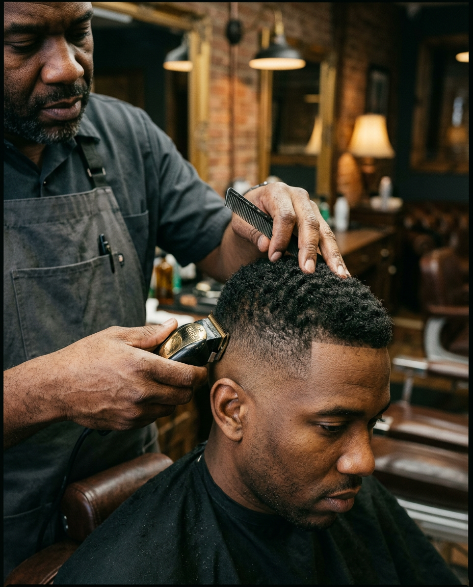 Barber shaping a clean fade haircut