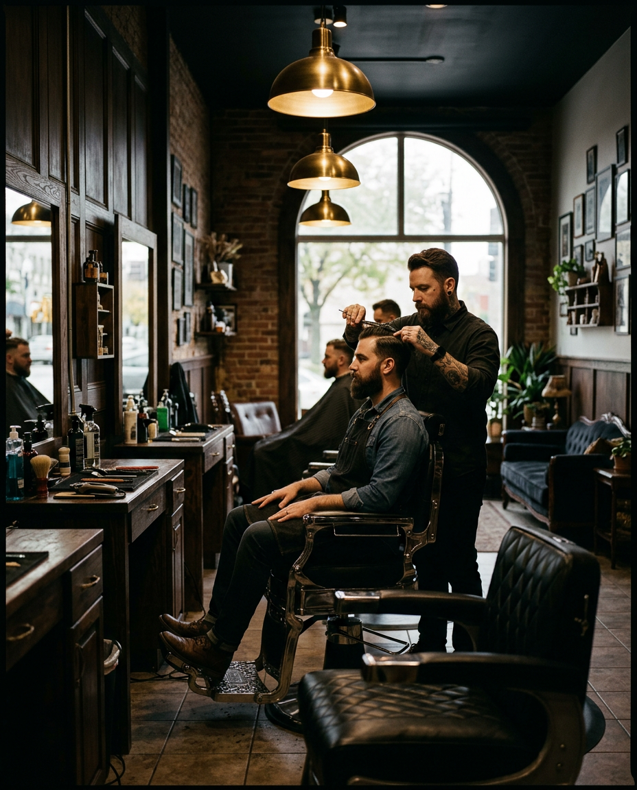 Warmly lit interior of Showtime Barbershop